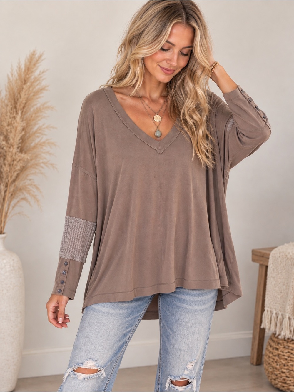 In Bloom V-Neck Button-Sleeve Oversized Top in Taupe